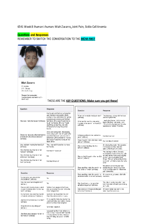 PRAC 6541 Week 8 iHuman Miah Zavarro, Joint Pain, Sickle Cell Anemia - Ques and Res