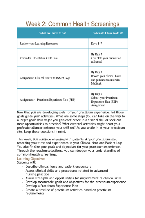 PRAC 6552 Week 2 Common Health Screenings; Learning Resources
