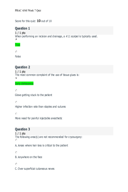 PRAC 6568 Week 7 Quiz; Musculoskeletal, Neurological, and Dermatological Procedures