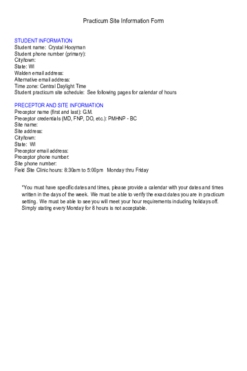 PRAC 6635 Week 1 Assignment 1; Practicum Site Information Form
