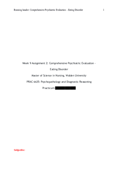 PRAC 6635 Week 9 Assignment 2; Comprehensive Psychiatric Evaluation and Case Presen