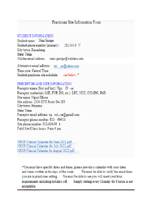 PRAC 6645 Week 1 Assignment 1; Practicum Site Information Form