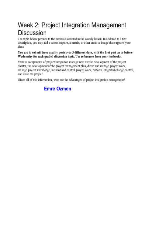 PROJ 584 Week 2 Discussion; Project Integration Management