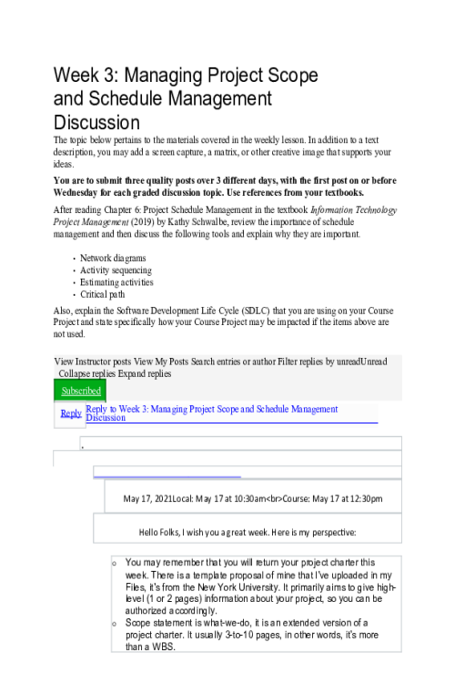 PROJ 584 Week 3 Discussion; Managing Project Scope and Schedule Management