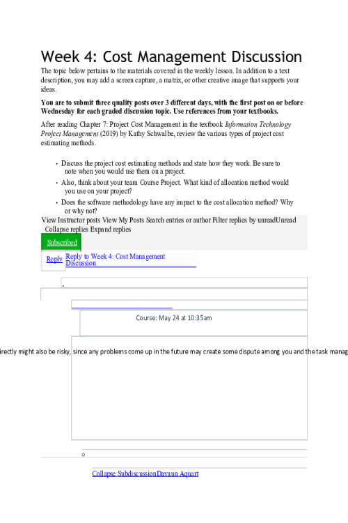 PROJ 584 Week 4 Discussion; Cost Management