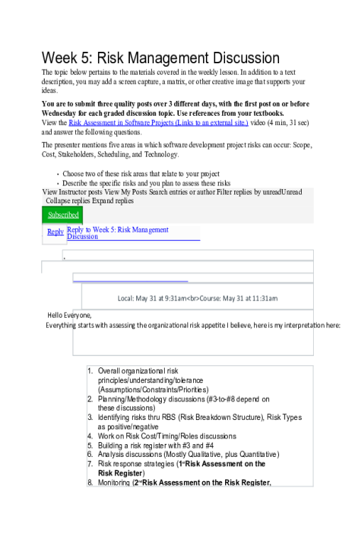 PROJ 584 Week 5 Discussion; Risk Management