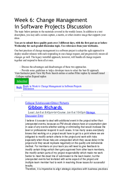 PROJ 584 Week 6 Discussion; Change Management inSoftware Projects