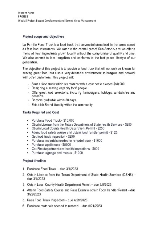 PROJ 586 Week 5 Deliverable; Project Budget Development and Earned Value Management