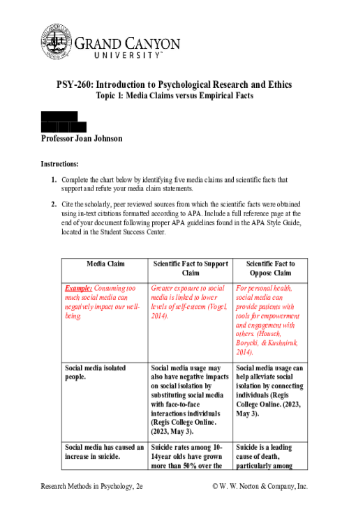 PSY 260 Topic 1 Assignment; Media Claims Versus Empirical Facts