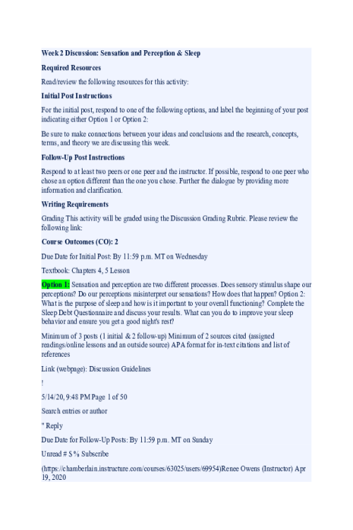 PSYC 110N Week 2 Discussion and Responses; Sensation and Perception & Sleep - Optio