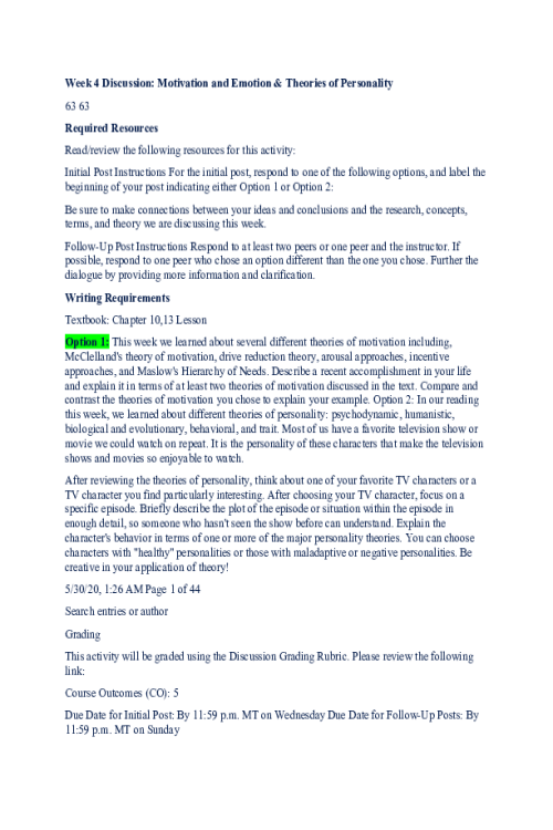 PSYC 110N Week 4 Discussion and Responses; Motivation and Emotion & Theories of Per