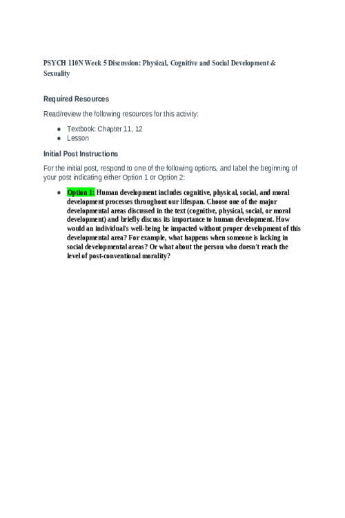 PSYC 110N Week 5 Discussion; Physical, Cognitive and Social Development & Sexuality