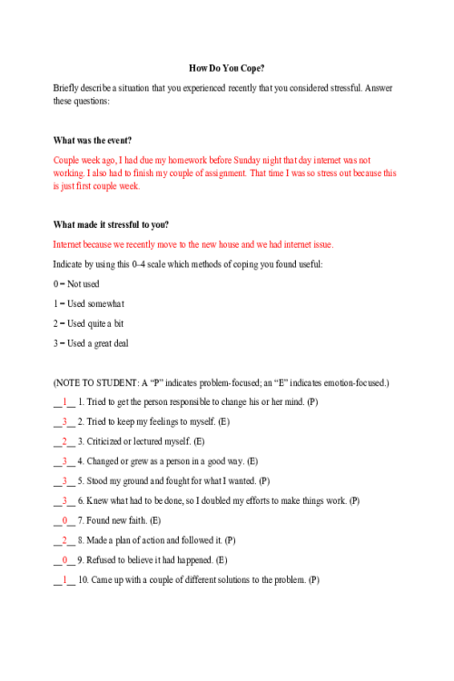 PSYC 110N Week 6 Assignment; Handout - How Do You Cope.