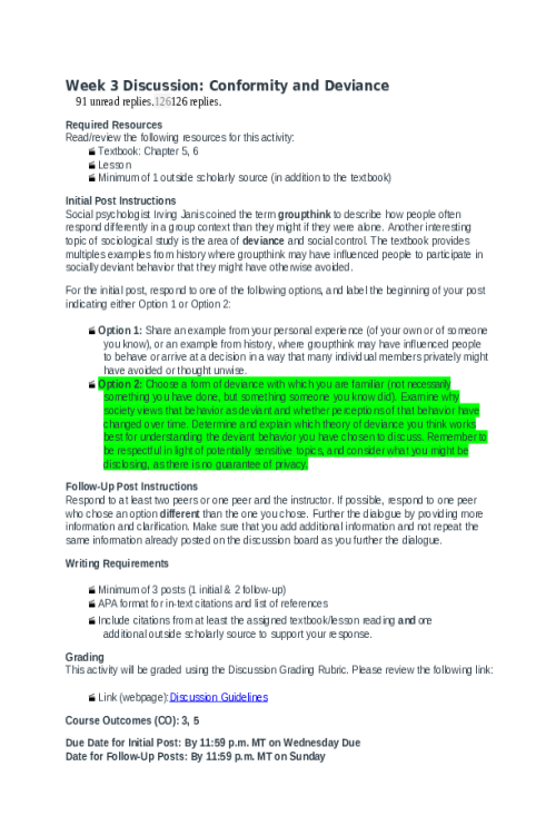 SOCS 185 Week 3 Discussion; Conformity and Deviance - Option 2
