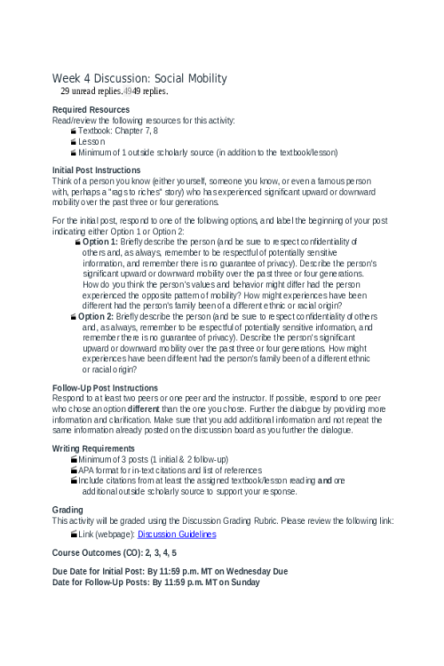 SOCS 185N Week 4 Discussion; Social Mobility - Option 2
